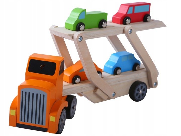 Camion de transport din lemn „ISP ECOTOYS” cu 4 masinute din lemn natural colorate, fara margini ascutite