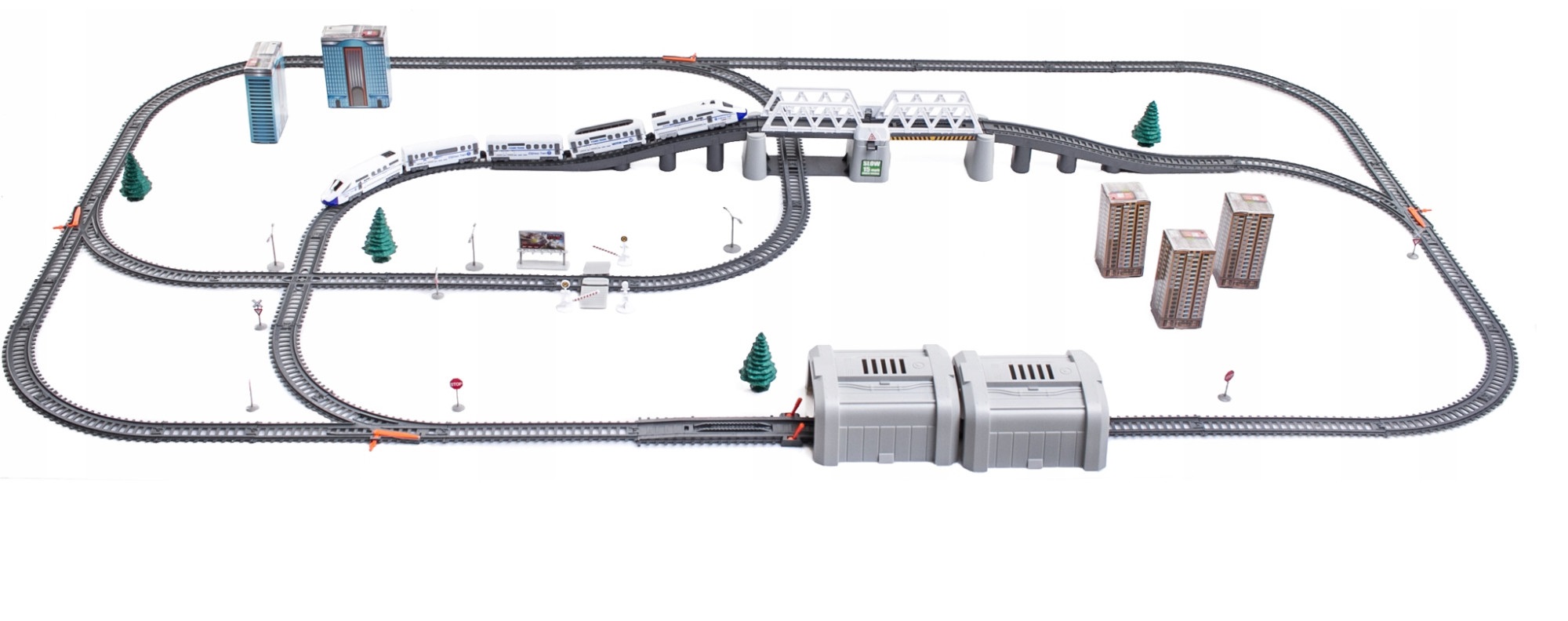 Circuit Trenulet Electric „LikeSmart Train XXL”, 86 Piese, Pod Rabatabil, Tunel, Lumini, Alb
