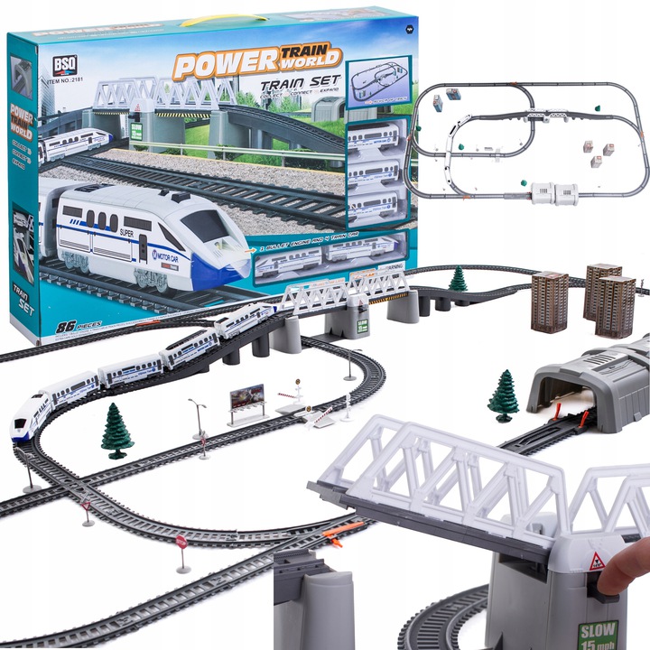 Circuit Trenulet Electric „Power Train WORLD XXL”, Lungime Traseu 914 CM, 86 Piese, 2 Locomotive, Pod Rabatabil, Tunel, Efecte luminoase