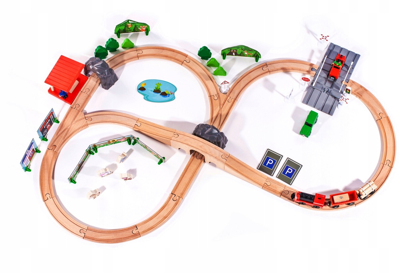 Circuit Trenulet din Lemn Natural cu 90 de Accesorii Incluse „XXL WOOD TRAIN TRACK”, cu Traseu Multifunctional pentru Masini si Trenulet