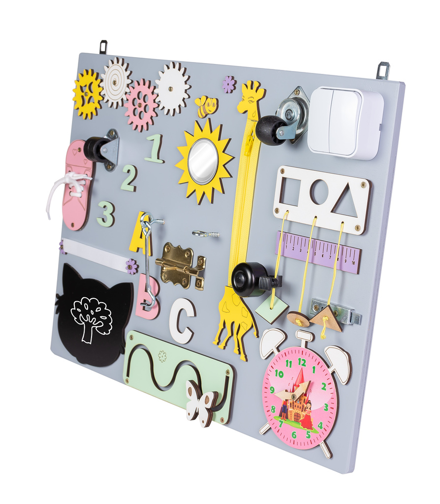 Placa senzoriala de lemn tip Montessori, „LikeSmart Busy Board Pink Clock”, Multiple Activitati, 50 x 37.5 cm