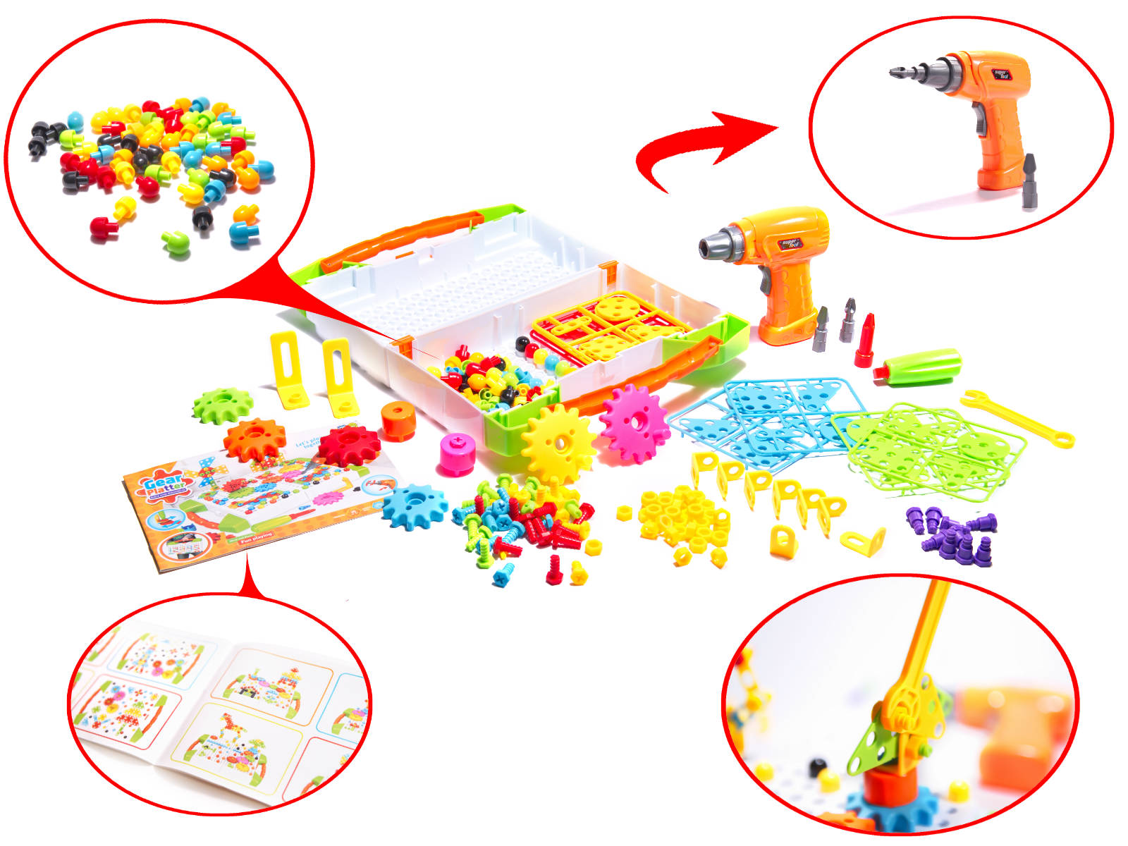 Joc Montessori LikeSmart de indemanare, Tip Mozaic, cu Suruburi, Saibe, si Surubelnita Electrica, 181 piese