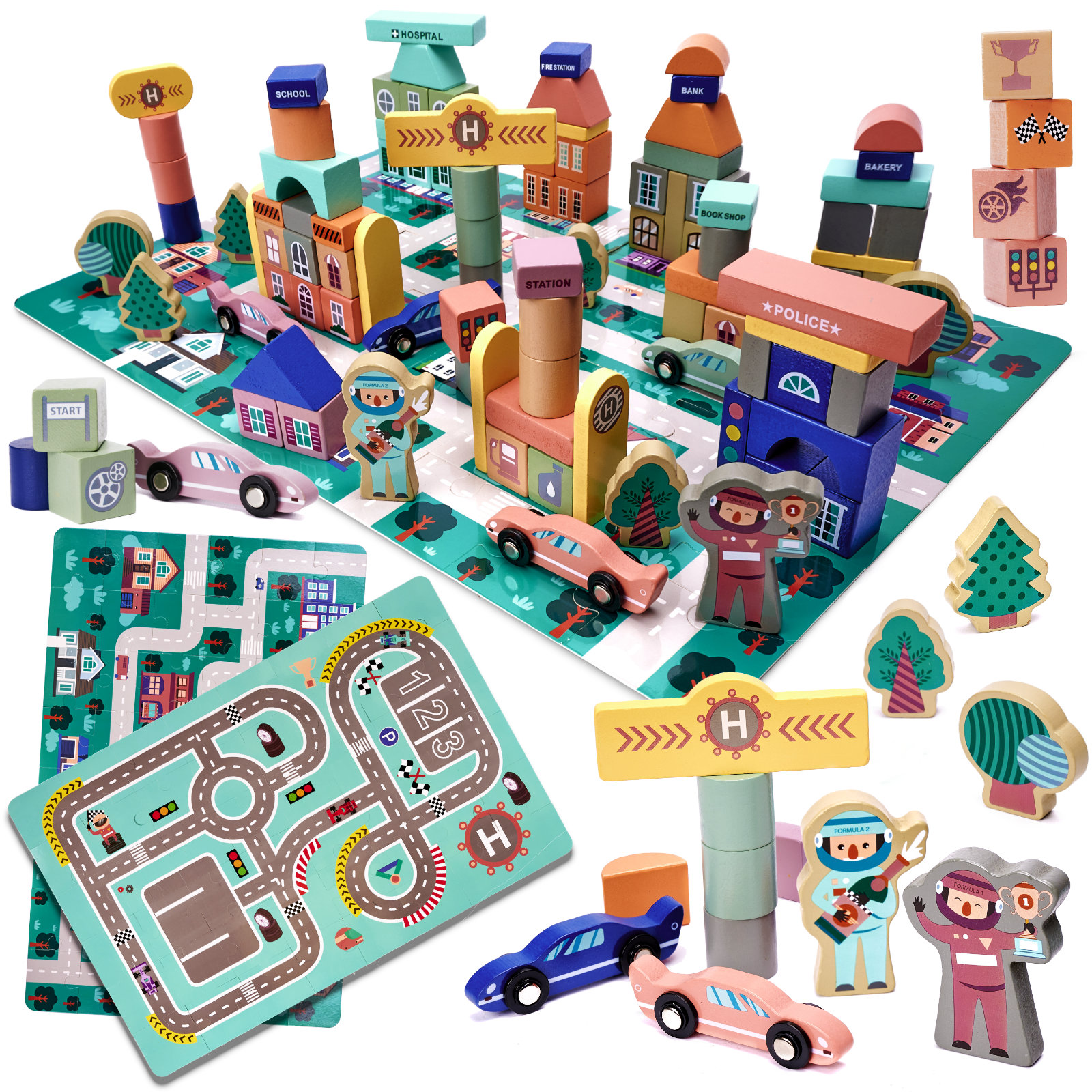 Set constructie cuburi din lemn ISP „Likesmart Puzzle City 6195”, 112 Piese si puzzle de 48 Piese, dezvolta inteligenta si indemanarea