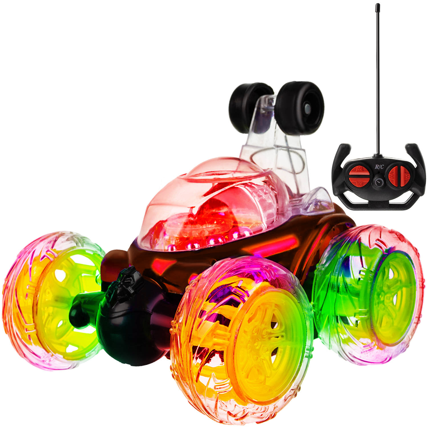 Masina cu Telecomanda LIKESMART Speed Stunt Car, cu 6 roti, efecte luminoase si sonore, Rotire 360, Raza de actiune 20m, 13x13x15 cm, Rosu