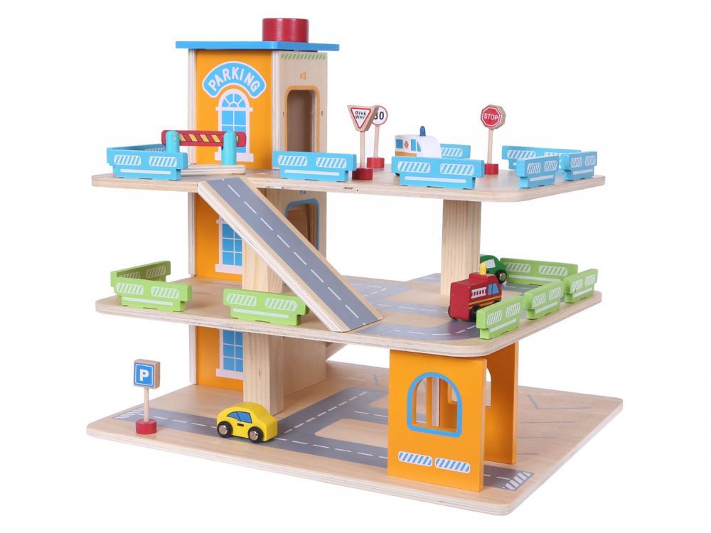 Set Joaca din lemn pentru Copii Parcare pe 3 nivele, „ISP EcoToys” cu 4 Masinute Incluse, Lift si multiple accesorii, 40x43x36 cm