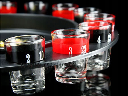Ruleta cu Shot-uri „Likesmart Shot Roulette”, 16 pahare din sticla, 2 bile otel, Rosu/Negru