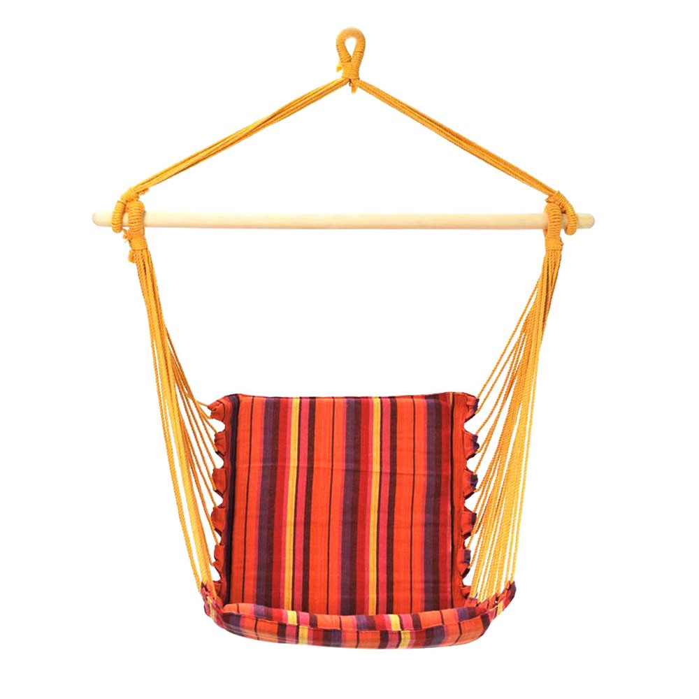 Hamac tip scaun, rosu-galben,cu bara din lemn, 104 x 56 cm, usor de impachetat si transportat