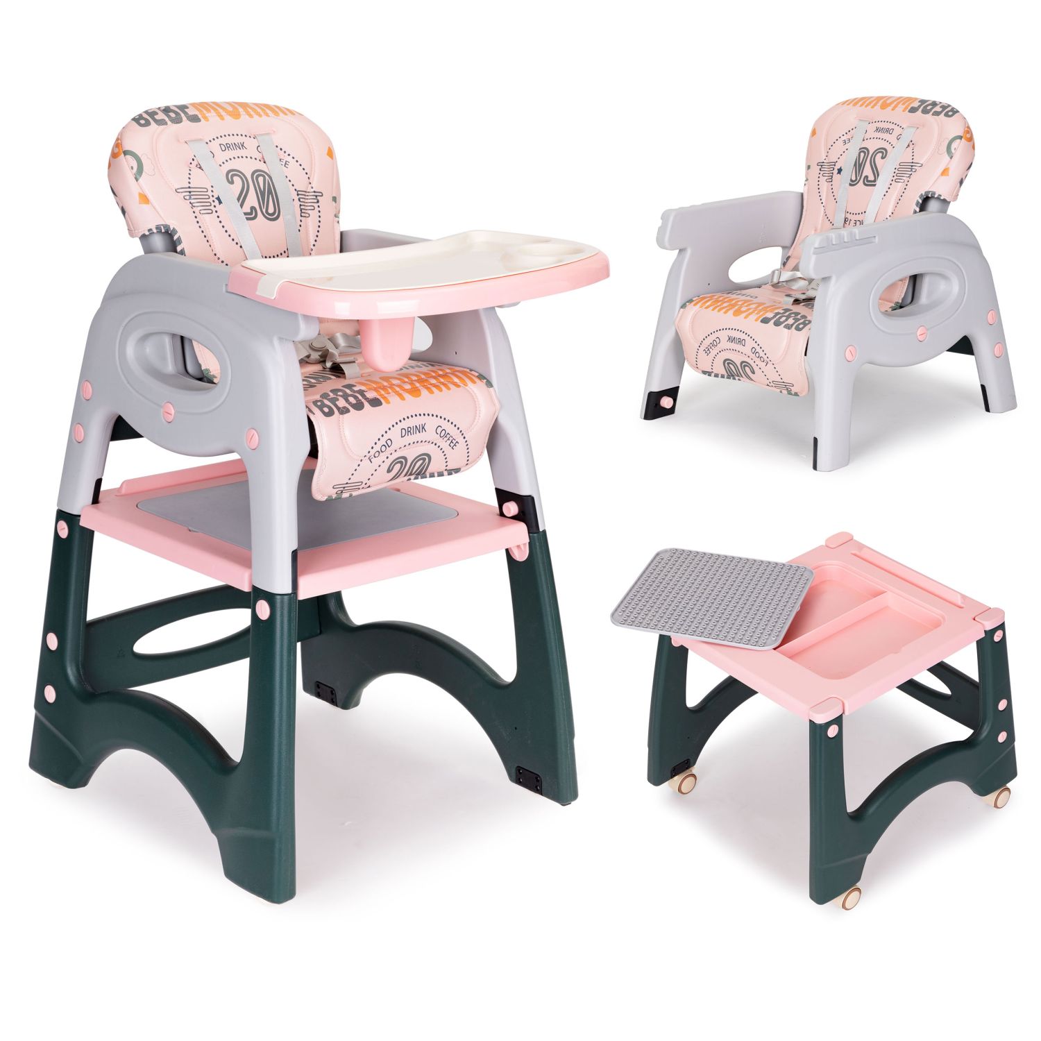Scaun de masa 2 in 1 multifunctional ISP „Likesmart Baby Chair”, centura de siguranta cu prindere in 5 puncte, Roti detasabile, cu frane, Spatar reglabil, Roz