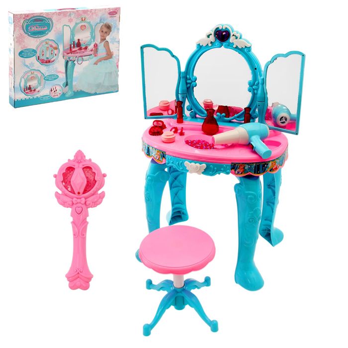 Masuta de Make-Up pentru fetite, melodii Mp3, cu lumini si sunete, include scaunel si uscator de par, multiple accesorii 42 x 28 x 68 cm, culoare albastru