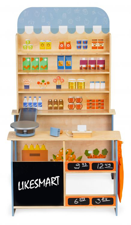 Set Complet Supermarket „ISP LikeSmart WoodShop” , Geanta de Cumparaturi, Casa de Marcat si Scanner incluse, 110 cm, Portocaliu