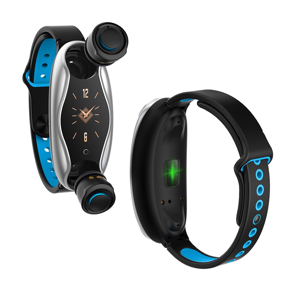 Bratara Fitness 2 in 1 LikeSmart FiTBUDS cu Casti Bluetooth InEar, G-Sensor Bosch, Monitorizare Ritm Cardiac, Tensiune Arteriala, Oxigen in Sange si Somn, Silicon Blue