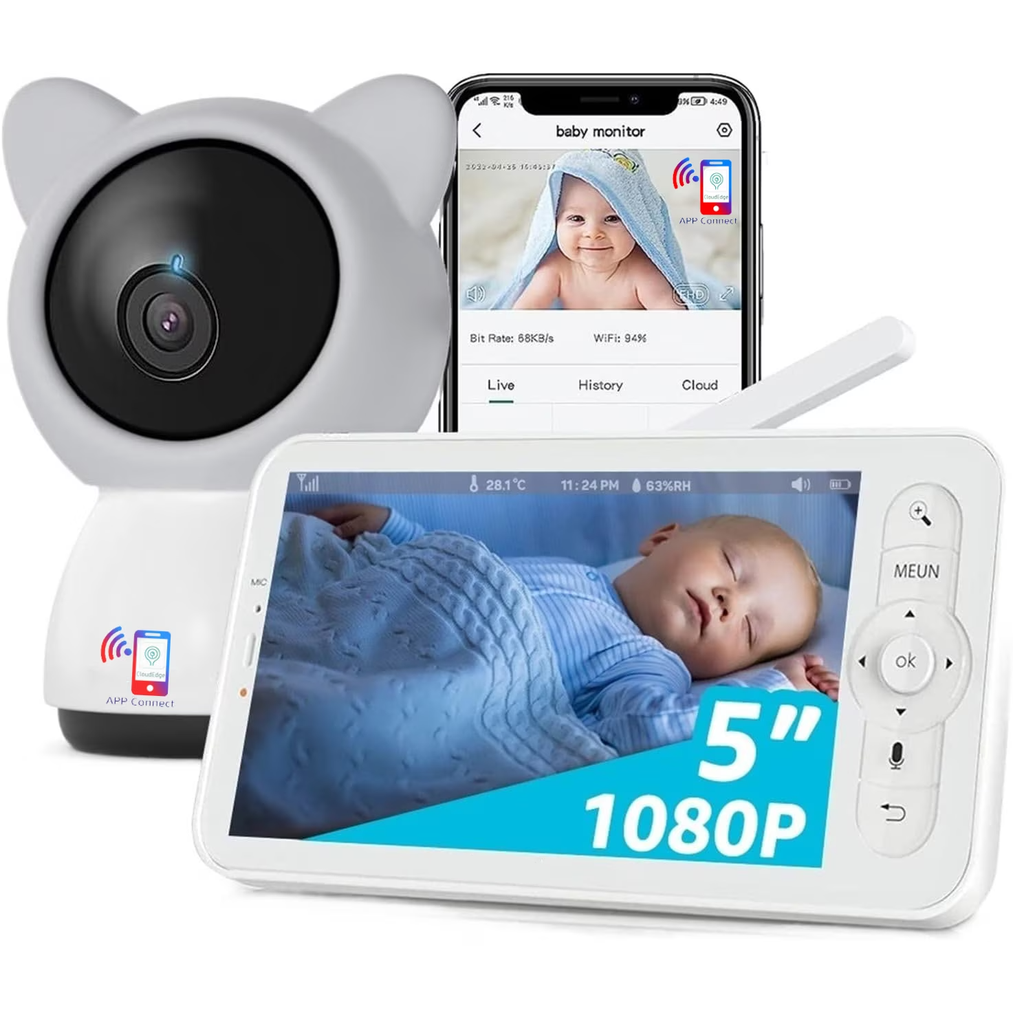 Baby Monitor si Camera Audio-Video cu Aplicatie Telefon IOS & Android si Unitate Video Wireless Pentru Supraveghere Bebe, LikeSmart BabySense, Ecran HD XXL 5″ Inch LCD, VOX, Mod Nocturn, BiDirectional, Monitorizare Temperatura, Umiditate