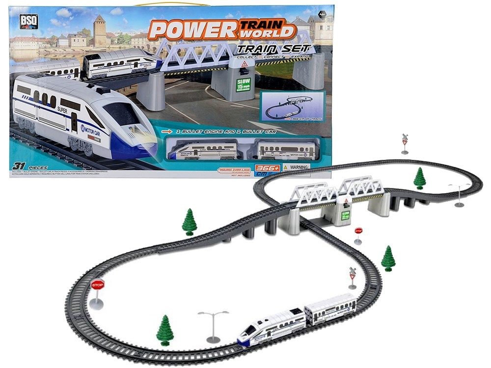 Circuit Trenulet Electric „ISP TGV Train XL”, Lungime Traseu 3,6 Metri, 31 Piese, 1 Locomotiva, 1 vagon, Pod Rabatabil, Efecte luminoase