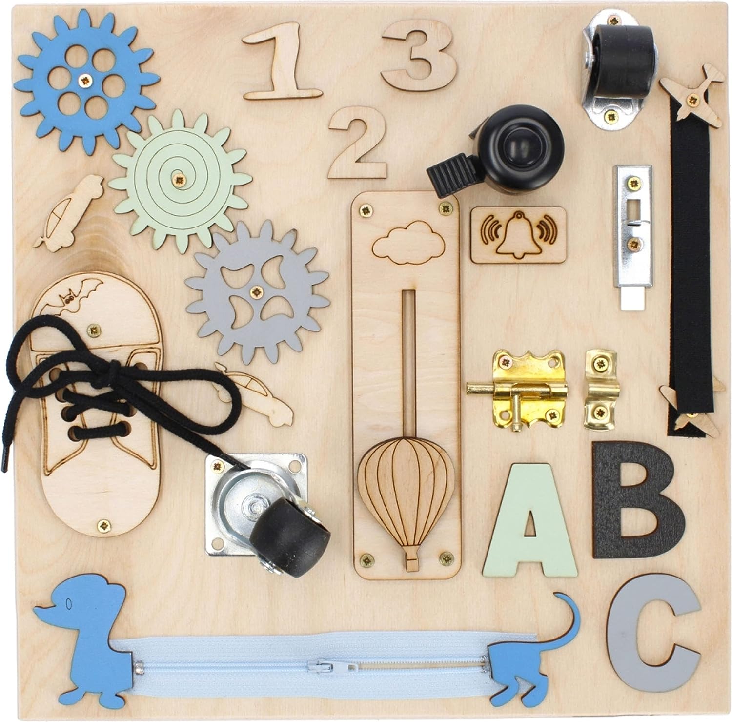 Placa senzoriala de lemn tip Montessori, „LikeSmart Busy Board Blue Dog”, Multiple Activitati, 30 x 30 cm