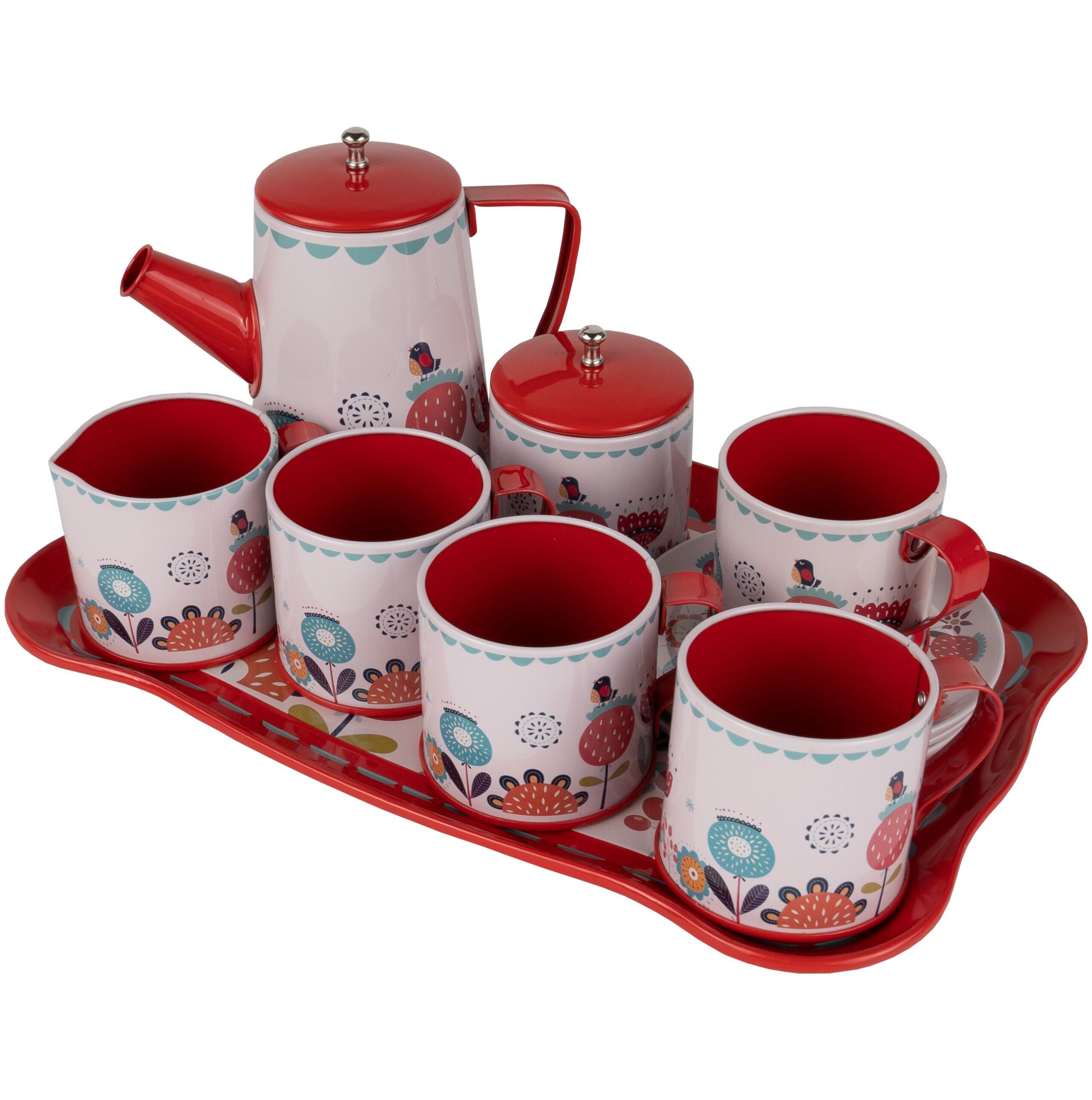 Set serviciu ceai din metal pentru copii ISP „Likesmart Tea Set”, pentru 4 persoane, cesti, farfurii, recipient zahar, ceainic, tava, Rosu