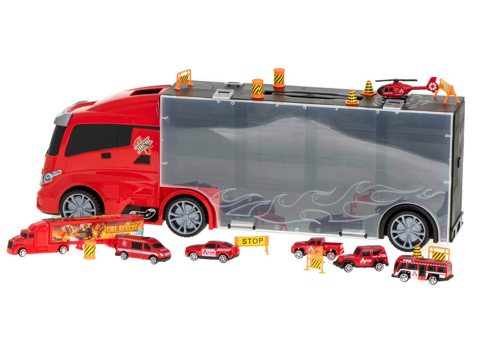 Camion de transport tip TIR, „LikeSmart FireFighters” cu 7 vehicule de pompieri, Indicatoare, Lansator de Masini, 57 cm, Rosu