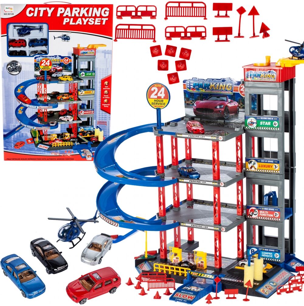 Parcare de jucarie pentru copii ISP „Likesmart City”, 46 cm inaltime, 3 etaje, 4 masinute si 1 elicopter metalice, lift manual