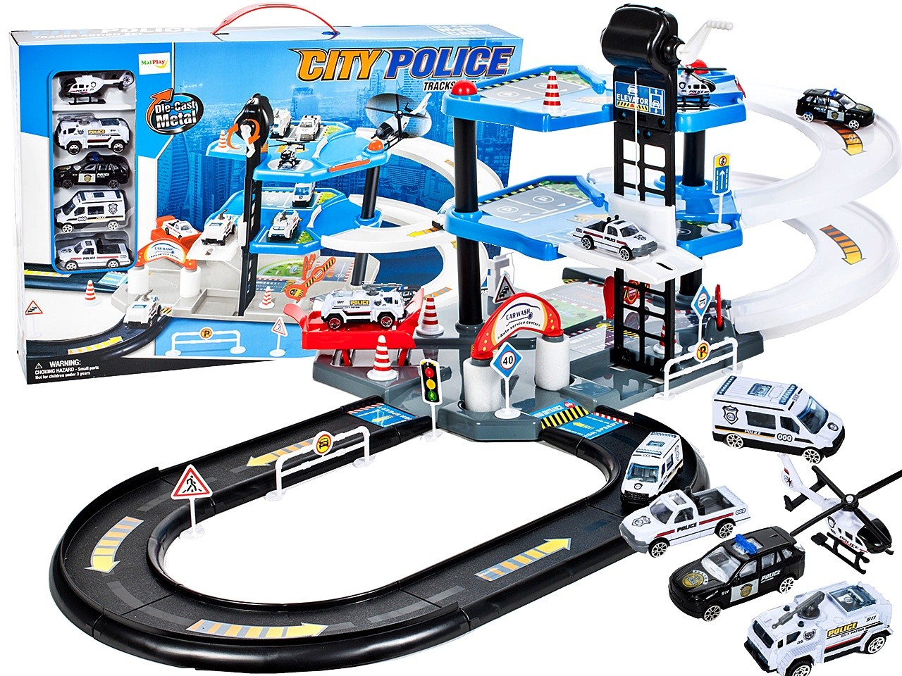 Set Joaca pentru Copii Parcare „City Police” cu Masinute Incluse si Elicopter, multiple accesorii