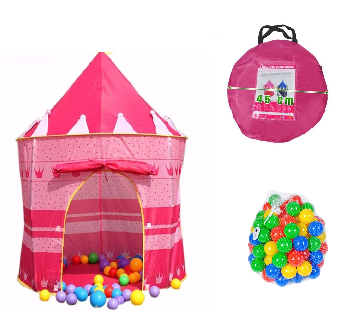 Cort de joaca pentru copii ISP LikeSmart Cubby House, usor de instalat, 100 de bile Colorate + Husa de Transport inclusa, Roz