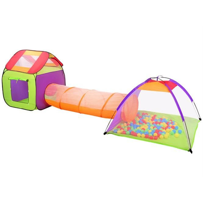 Loc de joaca LikeSmart Fun cu protectie UV, 375 x 118 x 96, pentru Copii, Casuta, Tunel si Cort, 200 Bile Multicolore, Geanta Depozitare
