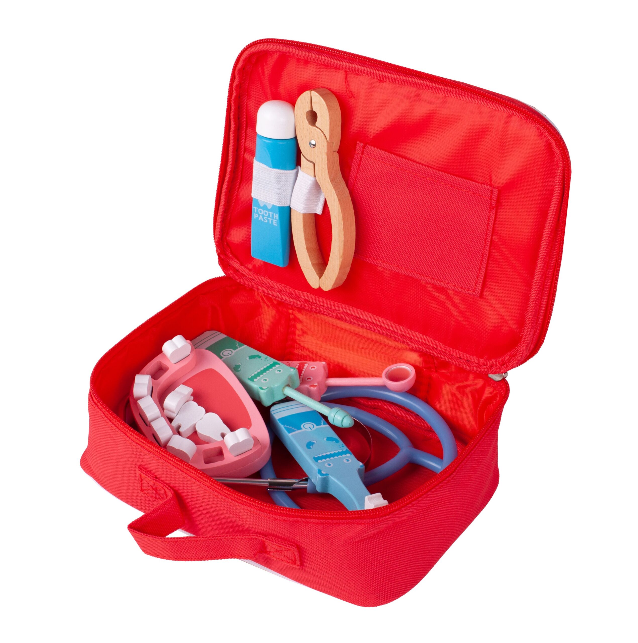Trusa dentist din lemn pentru copii  ISP „Dentist Kit Red”, Stetoscop, Pasta de dinti, Periuta, Cleste 10 piese, Geanta depozitare
