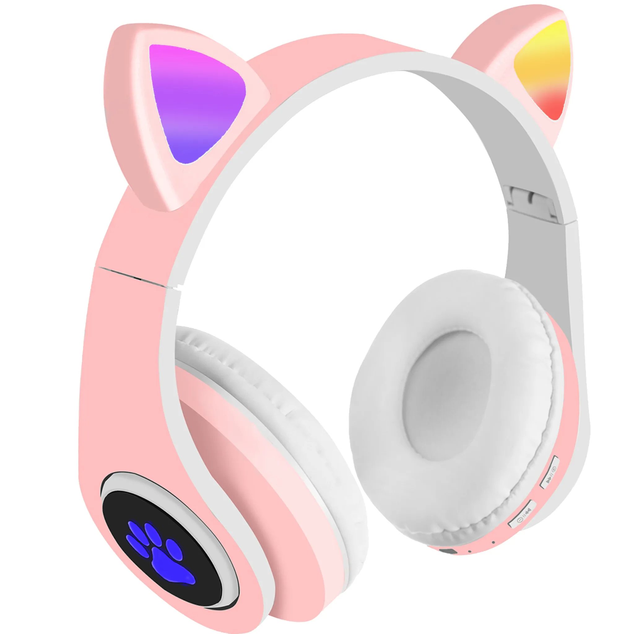 Casti audio bluetooth „Likesmart Cat Ears”, cu lumini LED RGB, Microfon incorporat, pliabile, cablu incarcare inclus, Roz