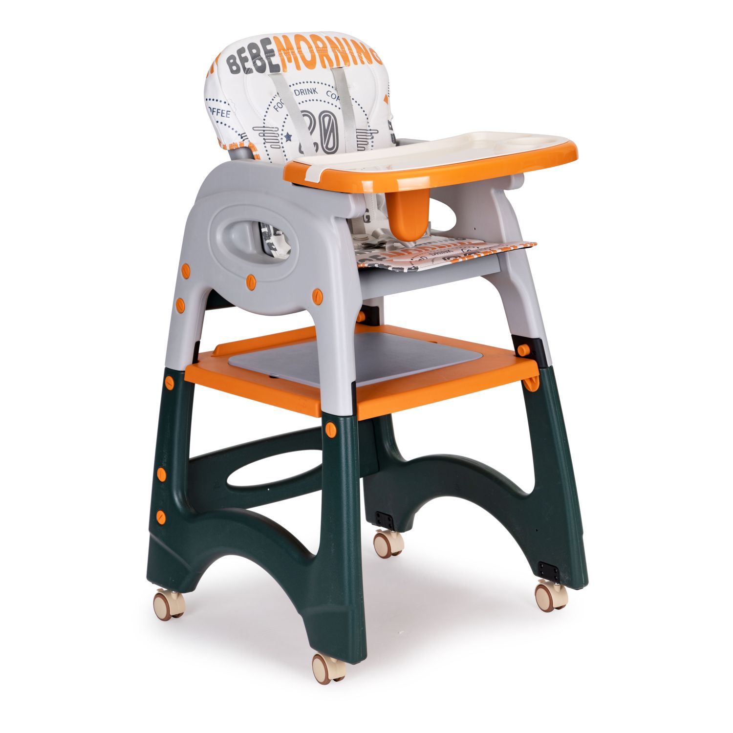 Scaun de masa 2 in 1 multifunctional ISP „Likesmart Baby Chair”, centura de siguranta cu prindere in 5 puncte, Roti detasabile, cu frane, Spatar reglabil, Orange