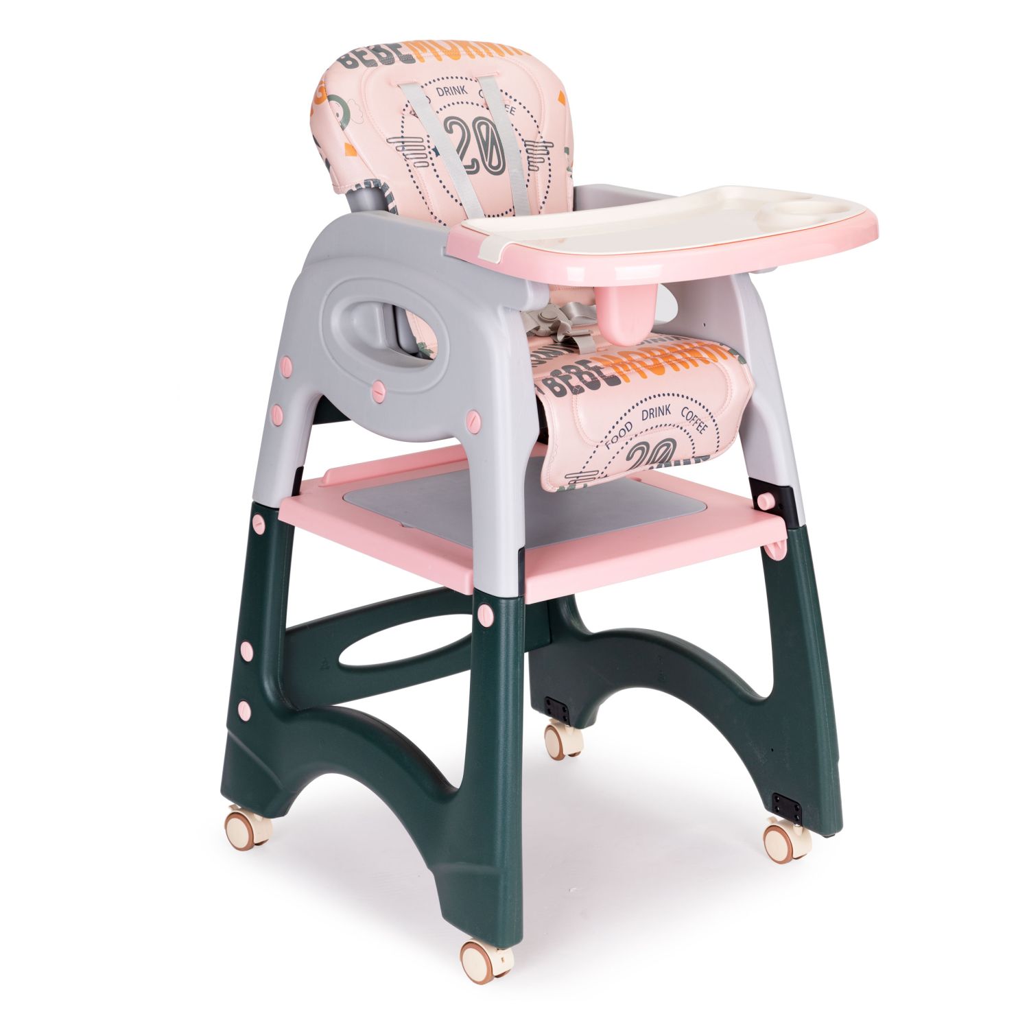 Scaun de masa 2 in 1 multifunctional ISP „Likesmart Baby Chair”, centura de siguranta cu prindere in 5 puncte, Roti detasabile, cu frane, Spatar reglabil, Roz