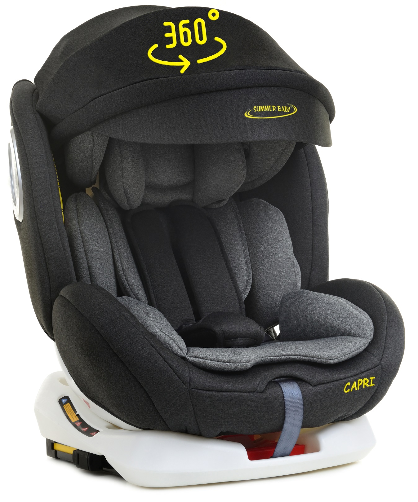 Scaun Auto Premium pentru Copii „ISP CAPRI Baby LikeSMART”, Rotire 360, 3 Grupe de Greutate intre 0-36 kg, Prindere Isofix, cu Reglarea Pozitiei de Somn si a Inaltimii Tetierei in Functie de Varsta, Negru-Gri