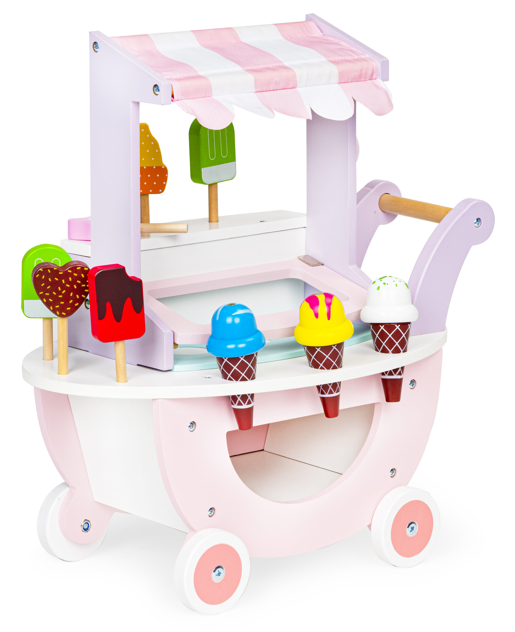 Antepremergator Interactiv din lemn natural, „LikeSmart Ice Cream Kart 89015” functie educativa si interactiva pentru copii, 41×23.5×44 cm
