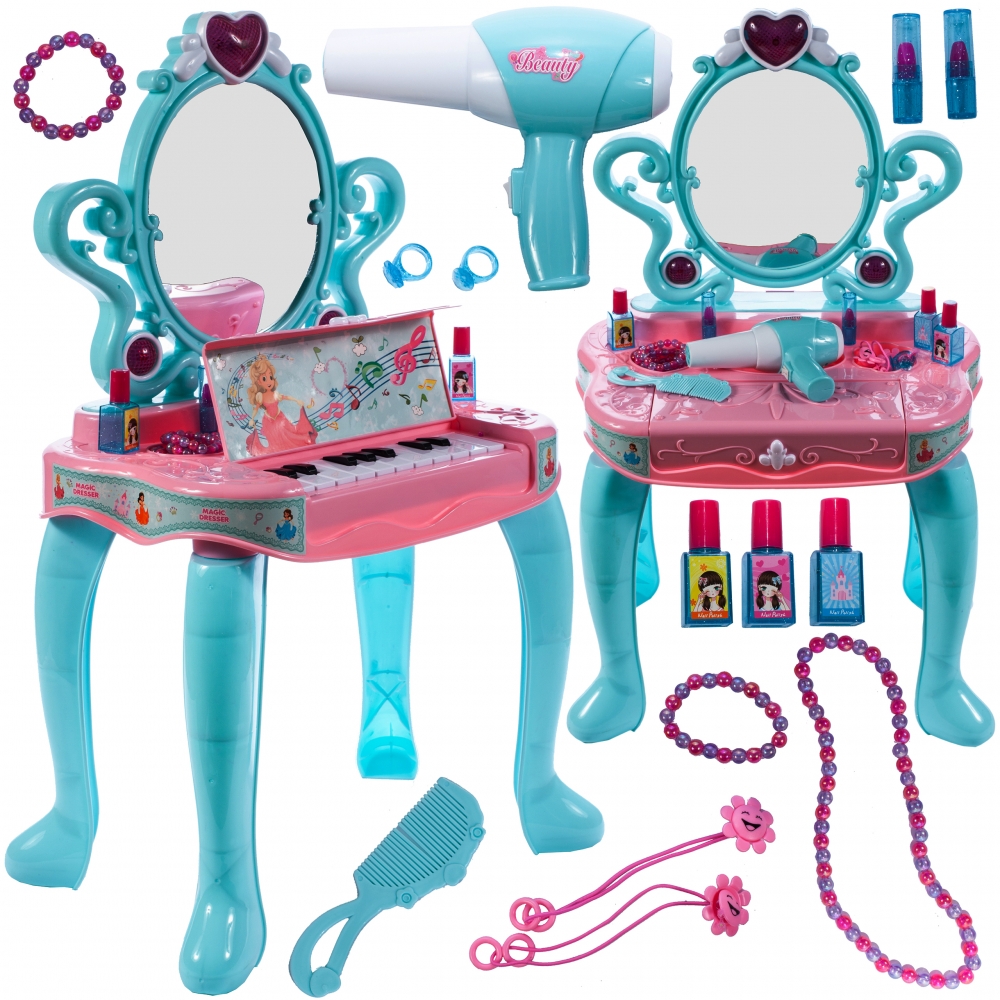 Masuta de Make-Up cu Pian, „ISP LikeSmart Piano Make-up”, pentru fetite, calitate premium cu lumini si sunete, uscator de par, multiple accesorii, o Oglinda, 62 x 33 x 64 cm, Turcoaz