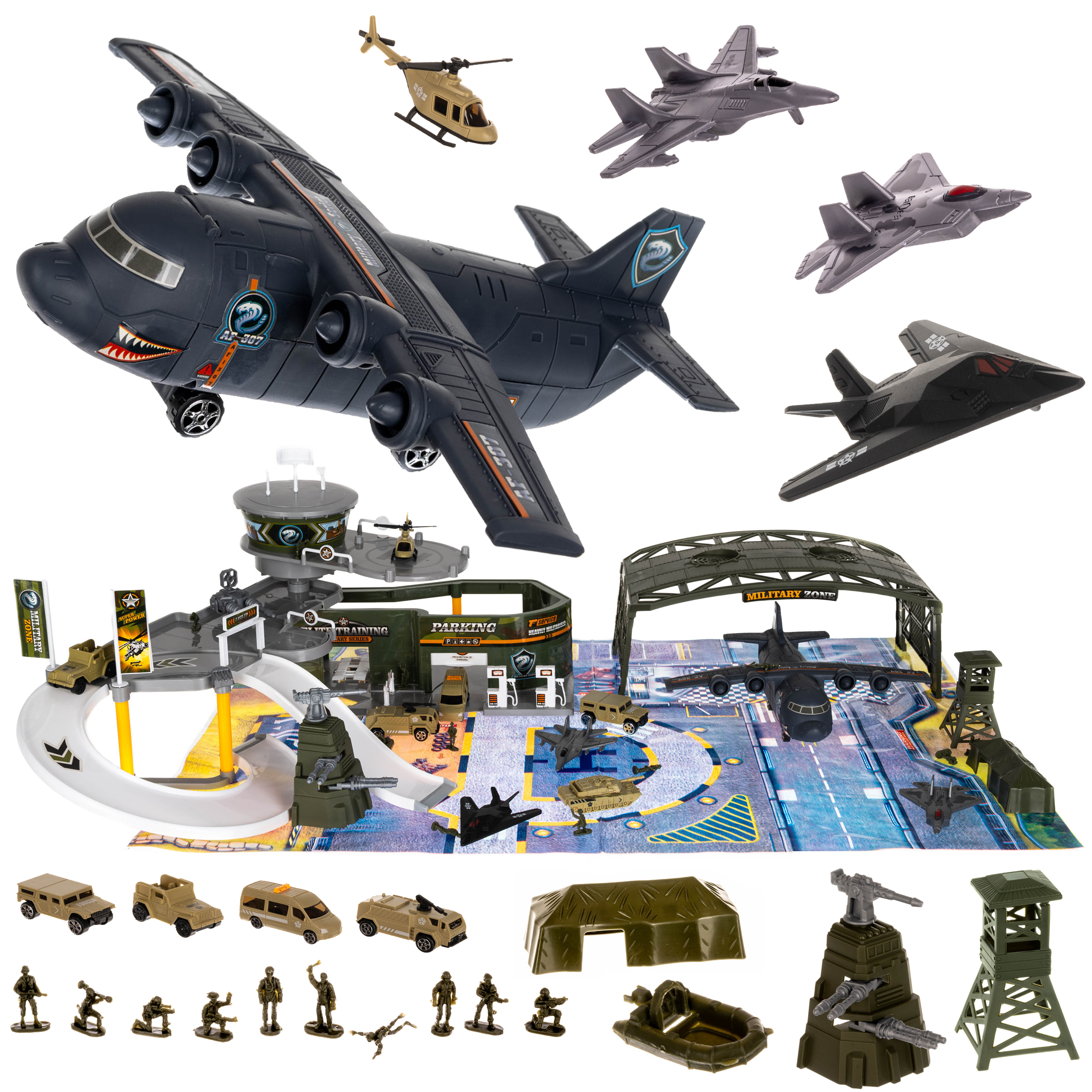 Set de lupta Baza Militara „LikeSmart Army Set”, cu Soldatei, Elicopter, Avioane, Tanc, Masini, Turn Control, Cort, Pista Avioane